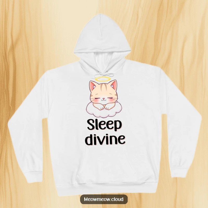 Funny hoodie featuring a cheerful cat with a halo, peacefully napping on a cloud, radiating serenity.