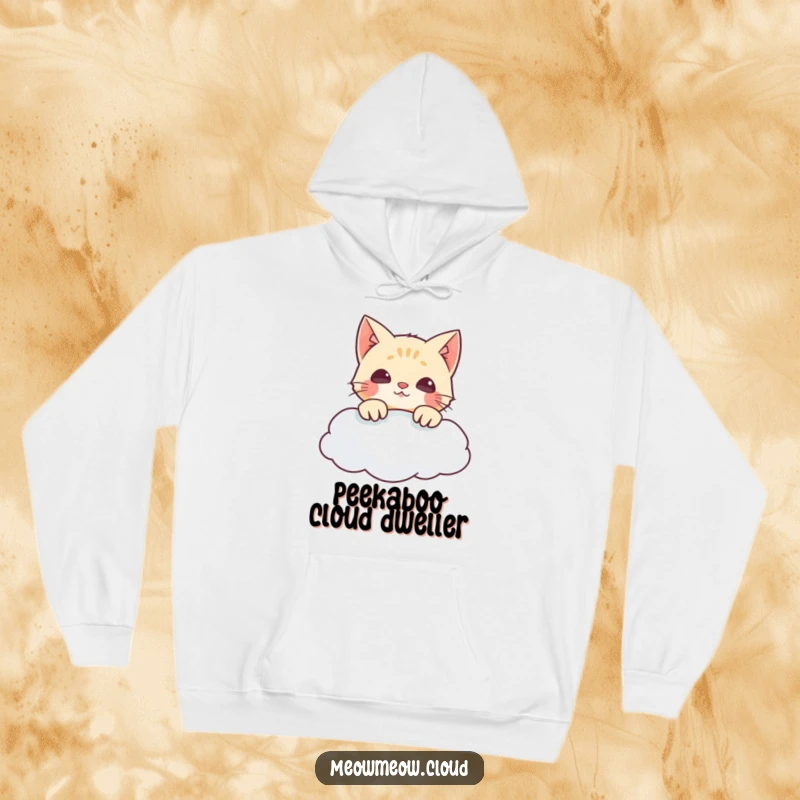 Funny hoodie showcasing a mischievous cat peeking over a cloud, exuding curiosity and a sense of wonder. Perfect cozy gift.