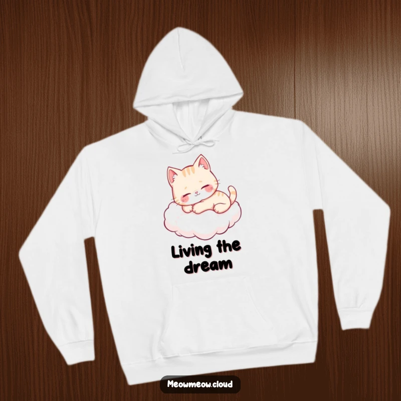 Funny cute cat purring happily while lounging on a fluffy cloud, ideal for warm, humorous apparel.