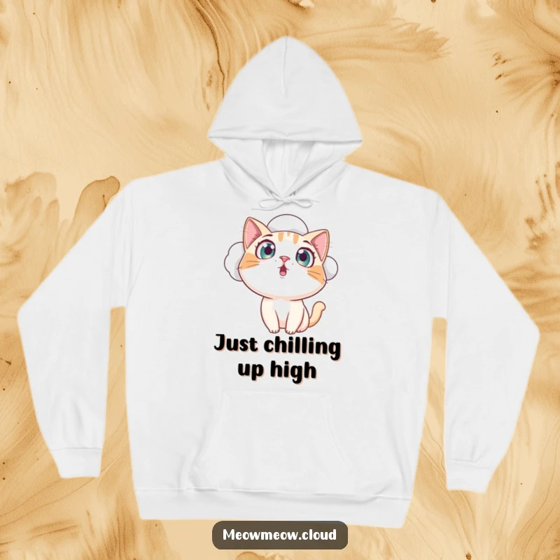 Funny curious cat peeking from a cloud, eyes wide in amazement, a comfortable and hilarious hoodie for a funny gift.