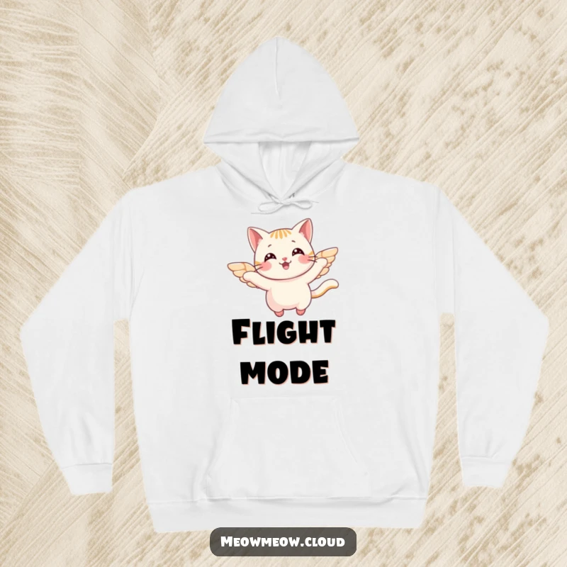 Funny Hoodie featuring a cheerful cat with small wings, soaring gracefully, symbolizing freedom and joy, perfect for cozy wear.