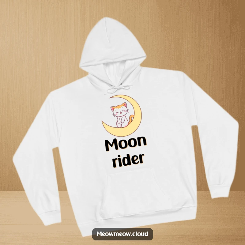 Funny Hoodie featuring a smiling cat character gracefully riding a crescent moon, symbolizing peace and nighttime magic.