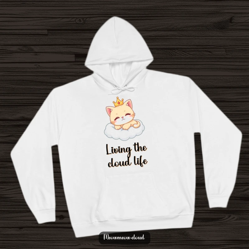 Funny royal cat hoodie depicting a cute cat wearing a crown, lounging peacefully on a cloud.