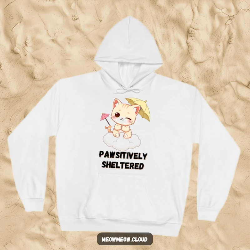Funny Winking Cat Hoodie depicting a cat on a cloud, holding a small umbrella, with a relaxed and cheeky demeanor. Comfortable apparel.