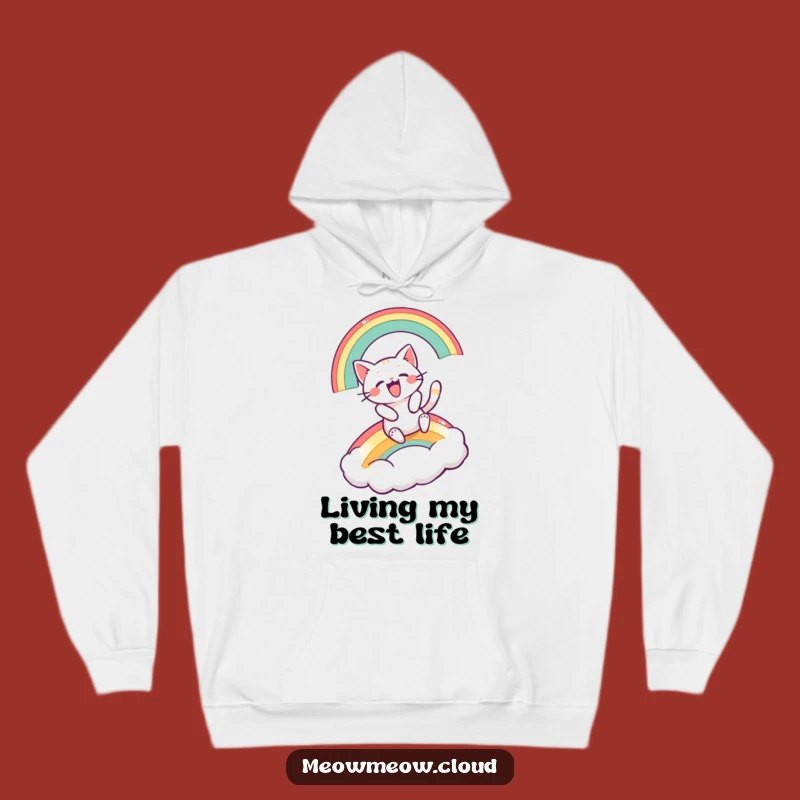 Cozy Funny Excited Cat Rainbow Slide Hoodie: Warm Hugs and Laughter