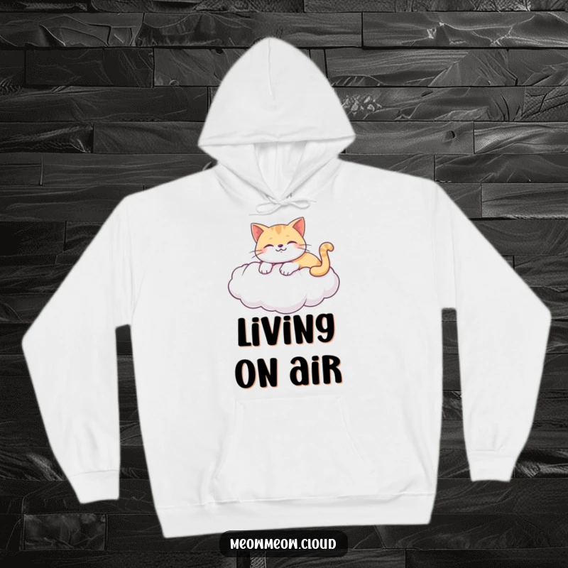 Funny cozy hoodie featuring a happy cat lounging on a puffy white cloud, perfect for staying warm and relaxed.