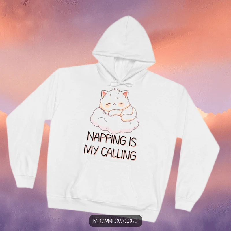 Funny fluffy cat napping on a cloud, a soft and humorous hoodie for ultimate relaxation and warmth.