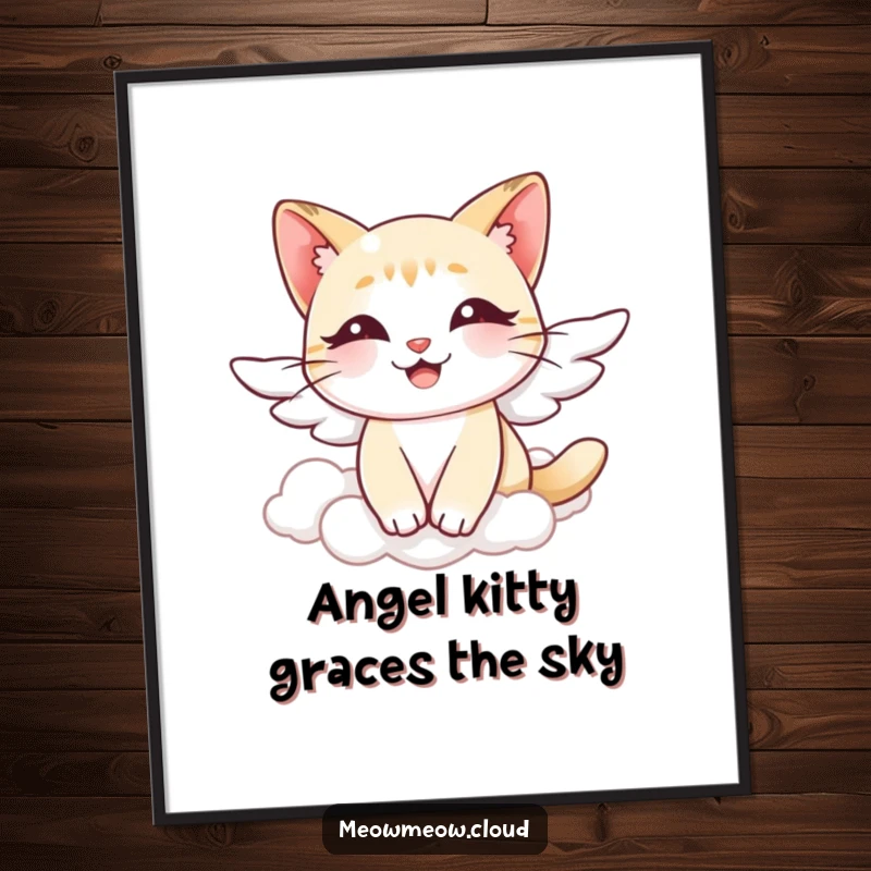 Funny Free Printable Angel Cat Wall Art: Smiling cat with tiny wings gracefully floating through soft clouds.
