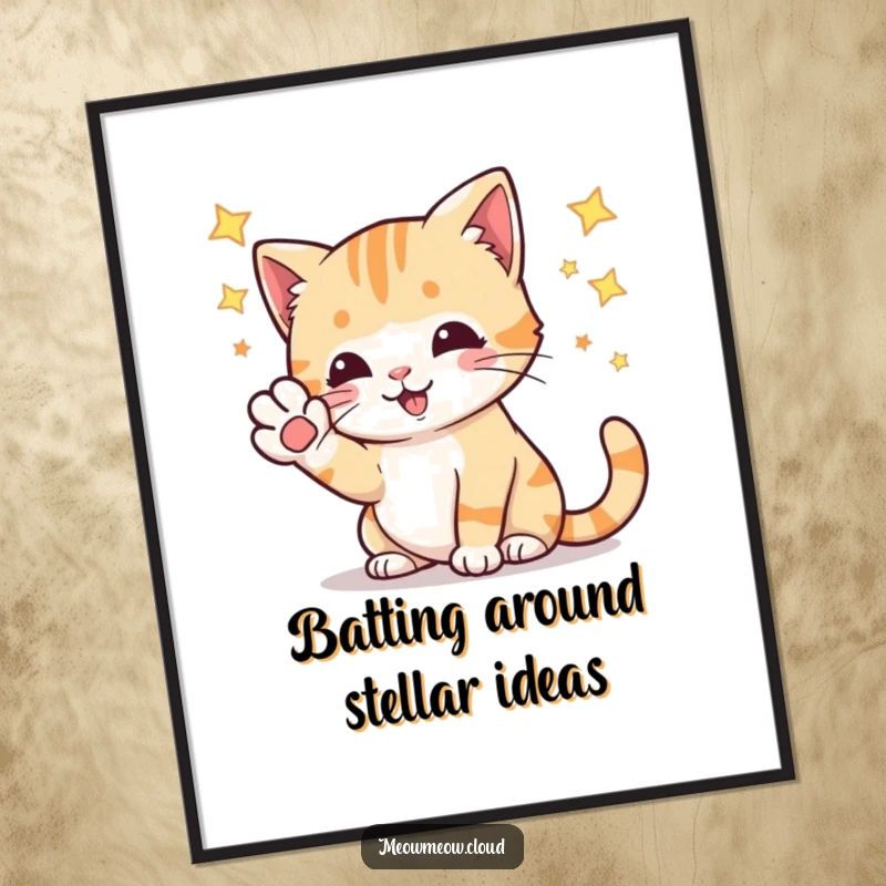 Funny Free Printable Wall Art: A playful cat energetically bats its paw at shimmering stars in a whimsical scene.