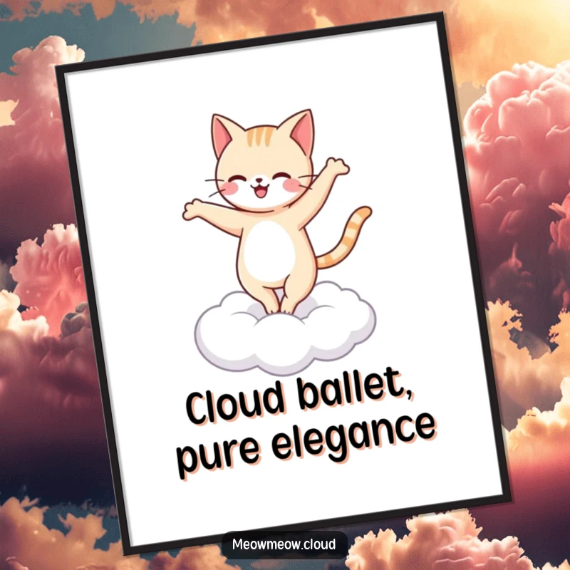 Funny Free Printable Wall Art of a happy cat executing a perfect ballet pirouette gracefully on a cloud.
