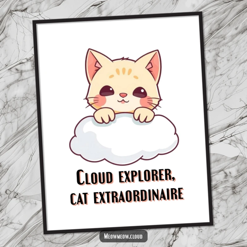 Funny Free Printable Wall Art: Mischievous cat peering curiously over a cloud, whimsical and charming downloadable decor for your home.