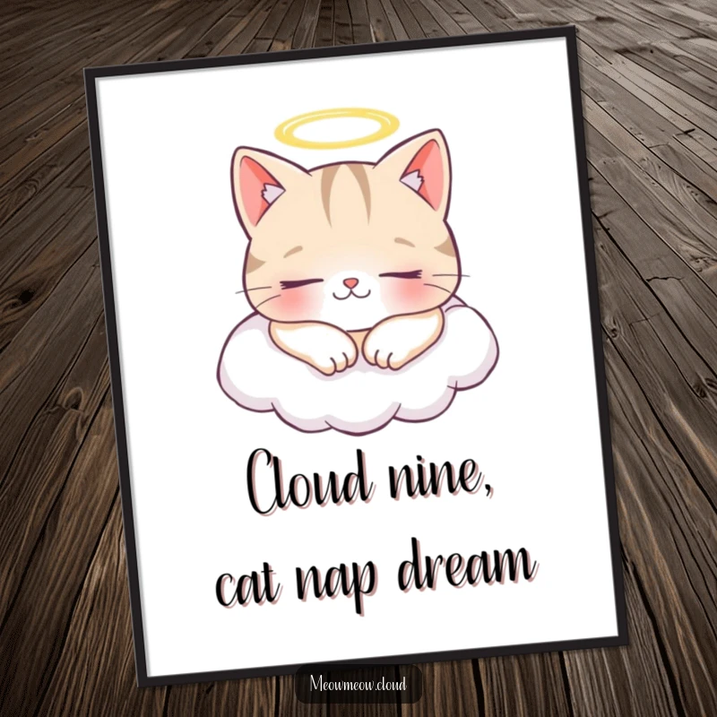 Funny Free Printable Wall Art: A cheerful cat character wearing a tiny halo, napping peacefully on a soft cloud.