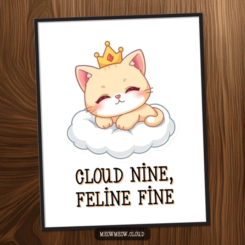 Funny Free Printable Wall Art: Cute cat wearing a tiny crown, peacefully lounging on a soft, fluffy cloud.