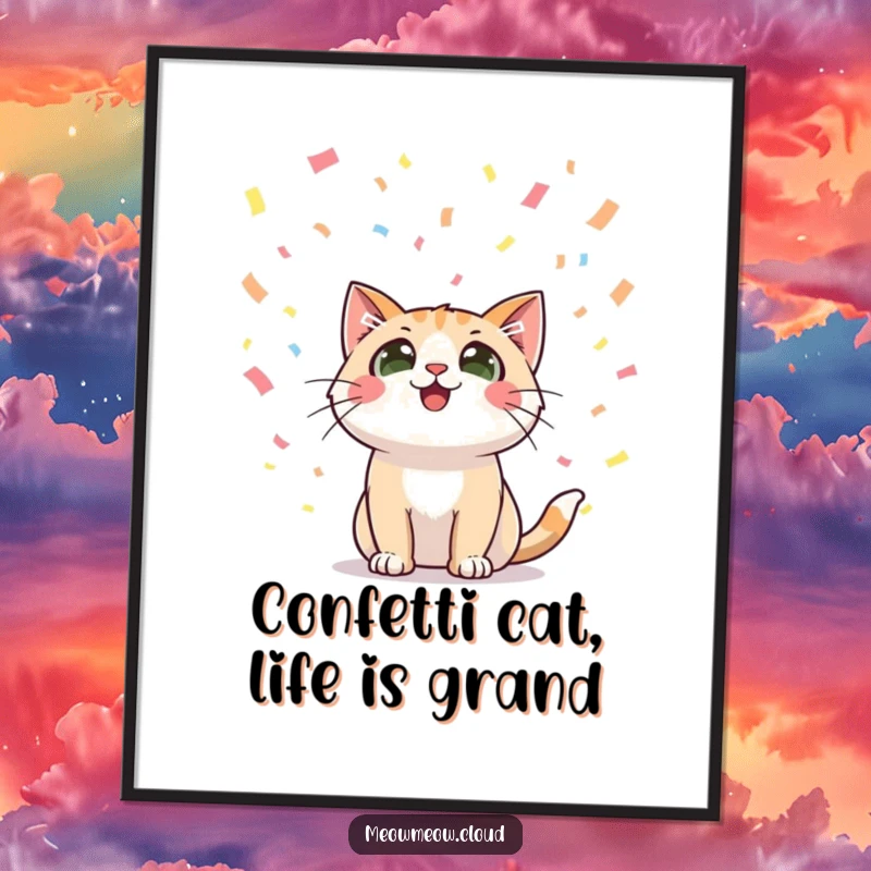 Free Printable Wall Art: A happy cat with wide eyes mesmerized by falling confetti, vibrant digital illustration