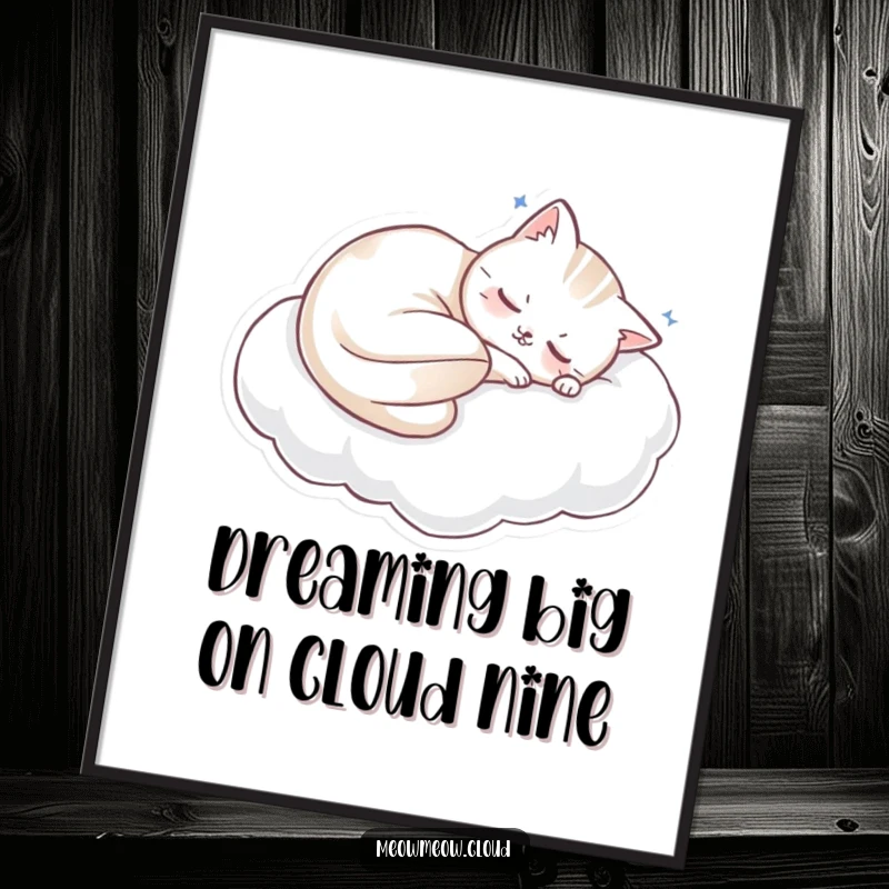 Funny Free Printable Wall Art: A content cat is fast asleep, curled up on a fluffy cloud pillow.