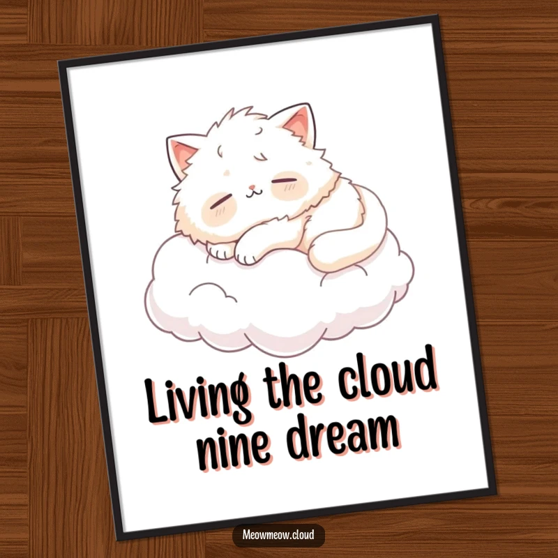 Funny Free Printable Wall Art: A fluffy cat is depicted blissfully napping on a soft cloud, radiating peaceful joy.