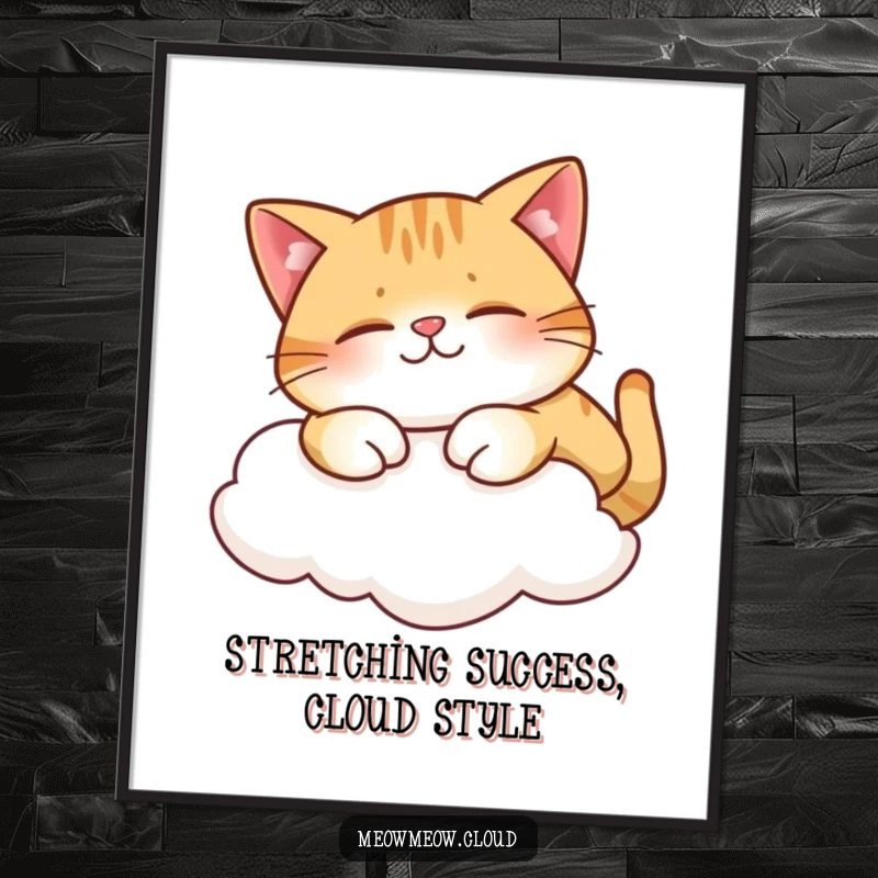 Funny free printable wall art: A contented cat stretches lazily on a soft cloud, bringing a sense of peace to any room.
