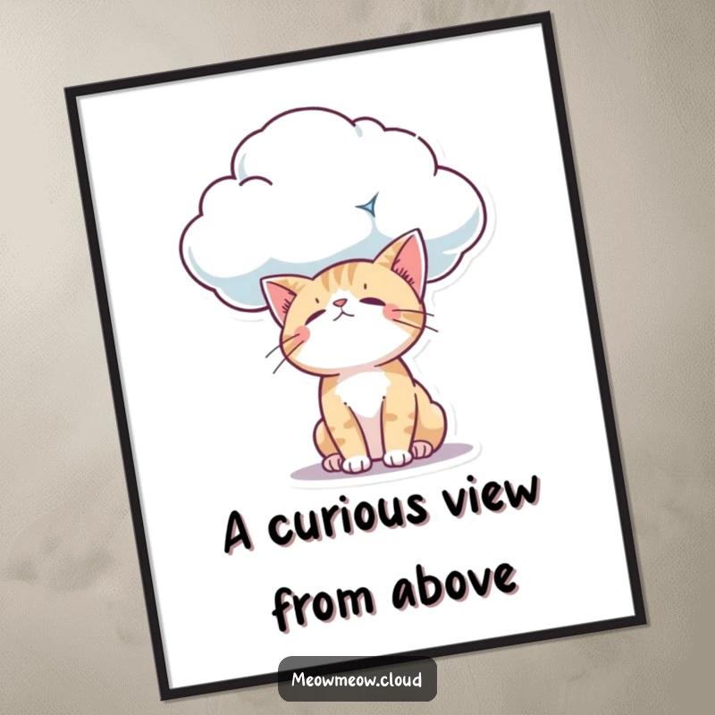 Funny Free Printable Wall Art: A curious cat looks down from a soft cloud with wide eyes full of wonder.