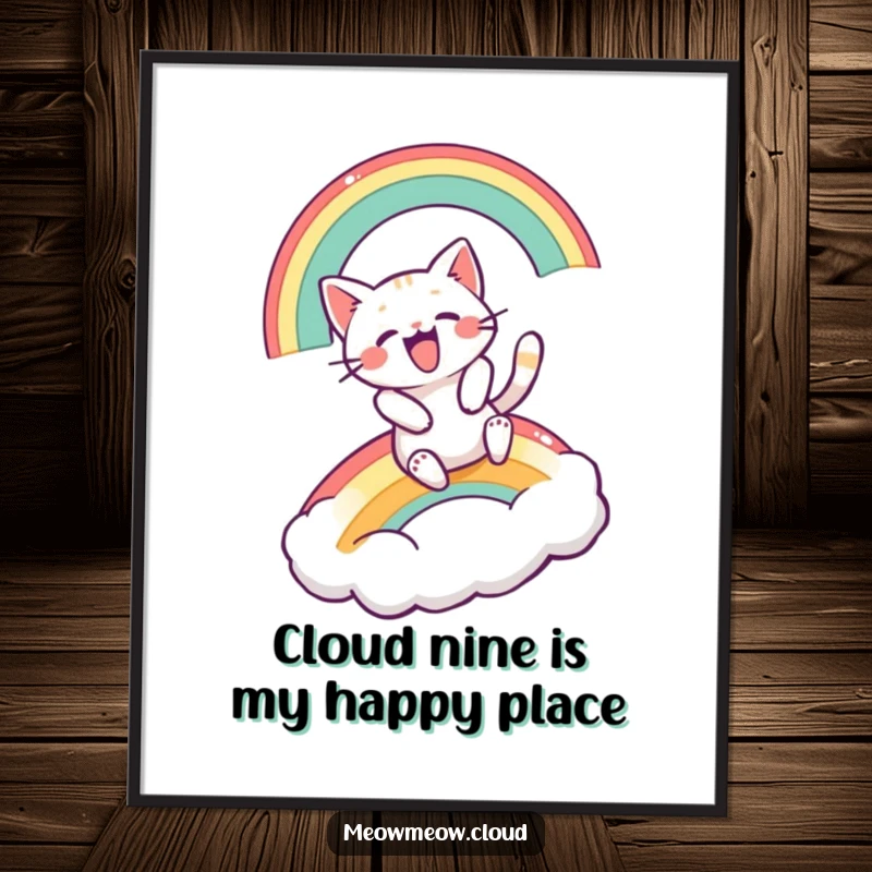 Funny Free Printable Wall Art: An excited cat surfing down a vibrant rainbow onto a fluffy cloud.