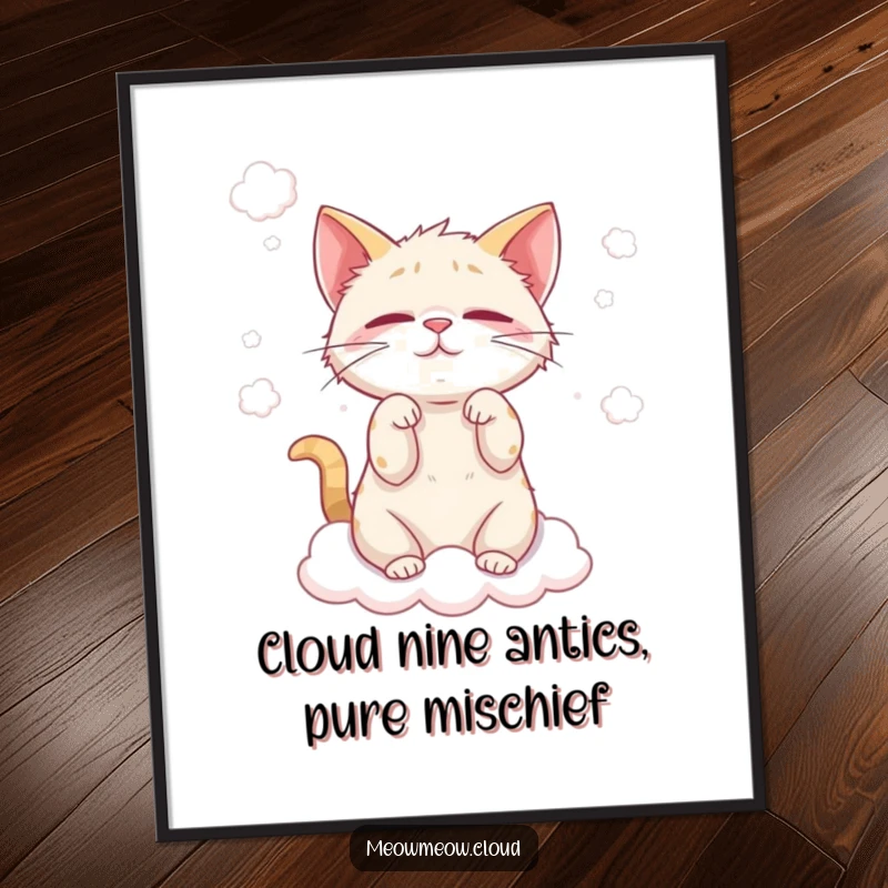 Funny Free Printable Wall Art: Mischievous cat playfully batting and tangling with soft, fluffy cloud wisps.