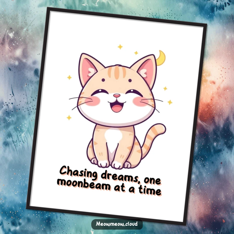 Funny Free Printable Wall Art: Cheerful cat playfully batting at a bright moonbeam, creating a magical scene.