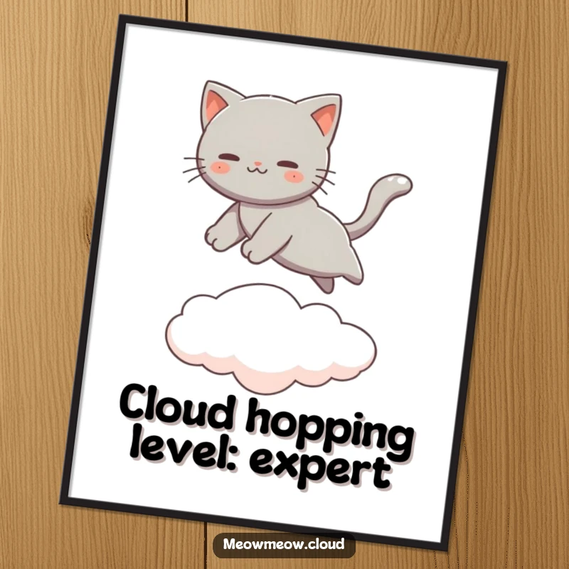 Funny free printable wall art: a gray cat gracefully leaping from one fluffy cloud to another.