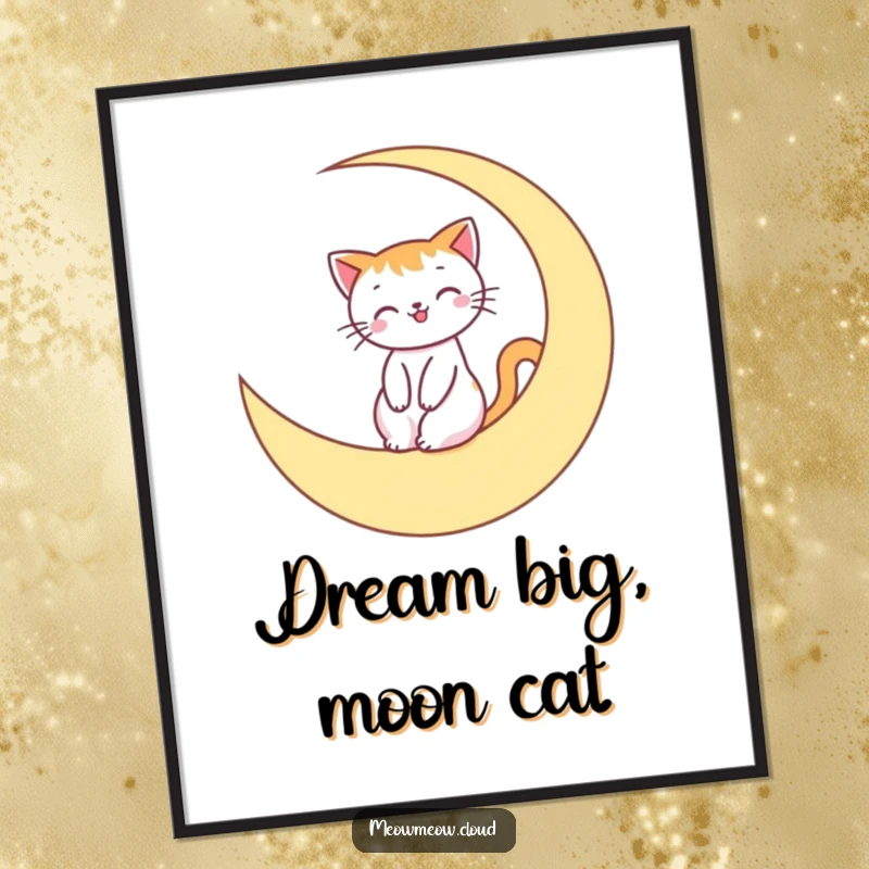 Funny Free Printable Wall Art: Smiling cat calmly riding a luminous crescent moon, celestial and magical downloadable art.