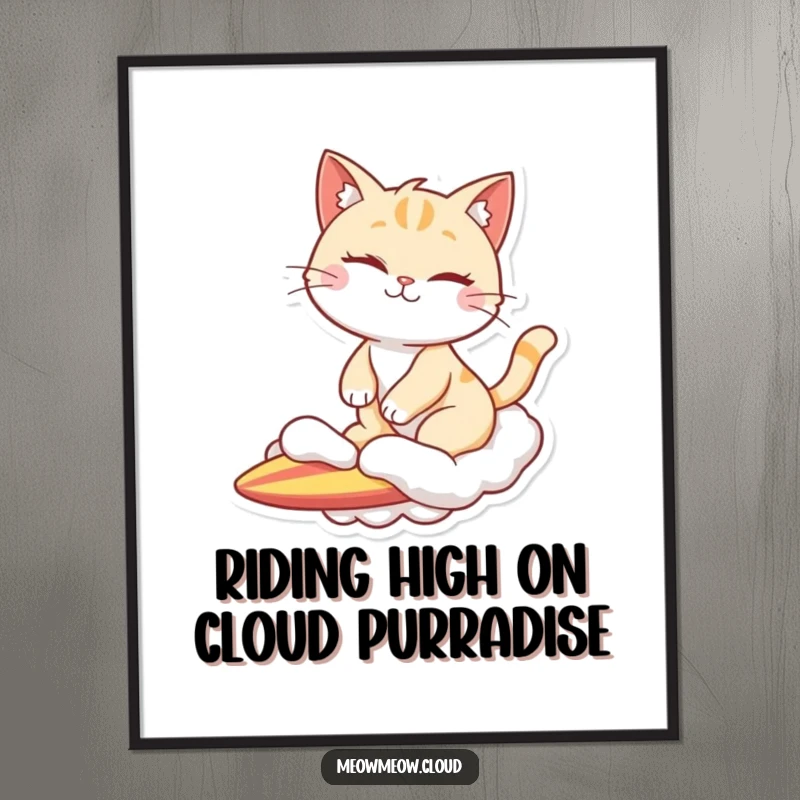 Funny Free Printable Wall Art: A winking cat confidently rides a whimsical cloud like a surfboard through the sky.