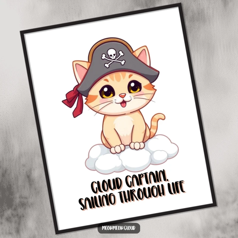 Funny Free Printable Pirate Cat Wall Art: Proud cat in pirate hat standing majestically on a cloud island.