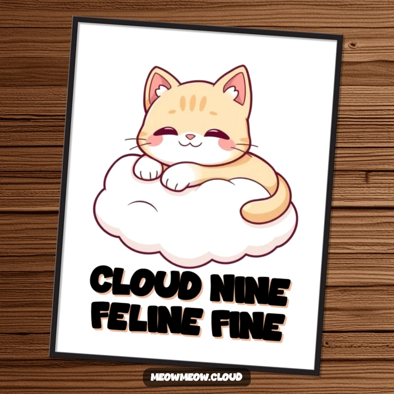 Funny Free Printable wall art, a cute cat lounges on a fluffy white cloud, ideal for whimsical DIY decor.