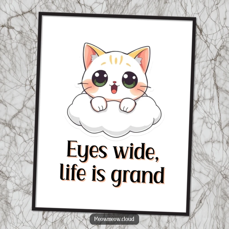 Funny Free Printable Wall Art: Surprised cat with wide eyes floating on cloud, shocked expression, downloadable art.