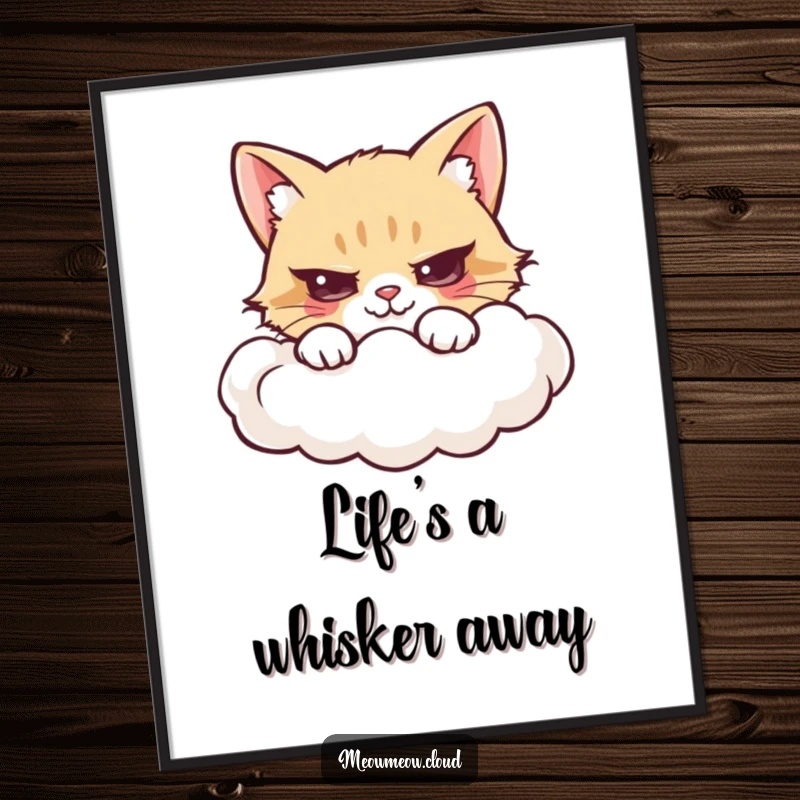 Funny Free Printable Wall Art: A mischievous cat peeking out from behind a large, fluffy cloud edge.