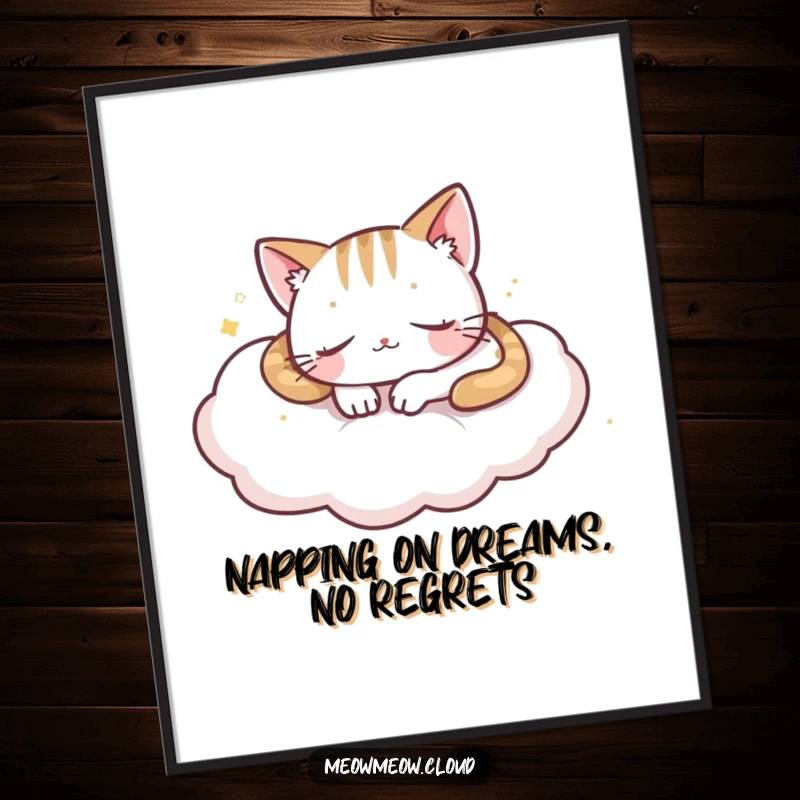 Funny Free Printable Wall Art: A playful cat naps peacefully on a soft cloud, radiating serenity and quiet charm.