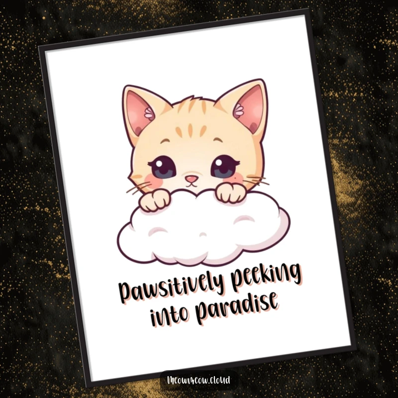 Funny Free Printable Wall Art: Curious cat peeking over cloud edge, inquisitive eyes, whimsical downloadable art.