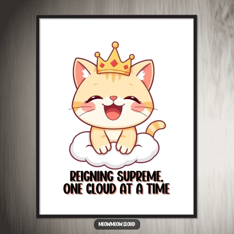 Funny Free Printable Wall Art: Joyful cat wearing tiny crown on cloud, happy expression, whimsical downloadable art.