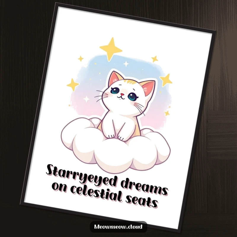 Funny Free Printable Wall Art: A dreamy cat perches on a cloud, gazing at a sky full of twinkling stars.