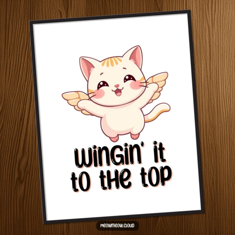 Funny Free Printable Wall Art: Cheerful cat with delicate wings in mid-flight, whimsical and inspiring downloadable art.