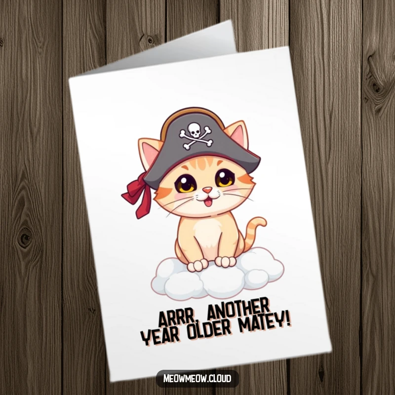Funny Free Printable Pirate Cat Birthday Card: Proud cat in pirate hat on cloud, ready for adventure.