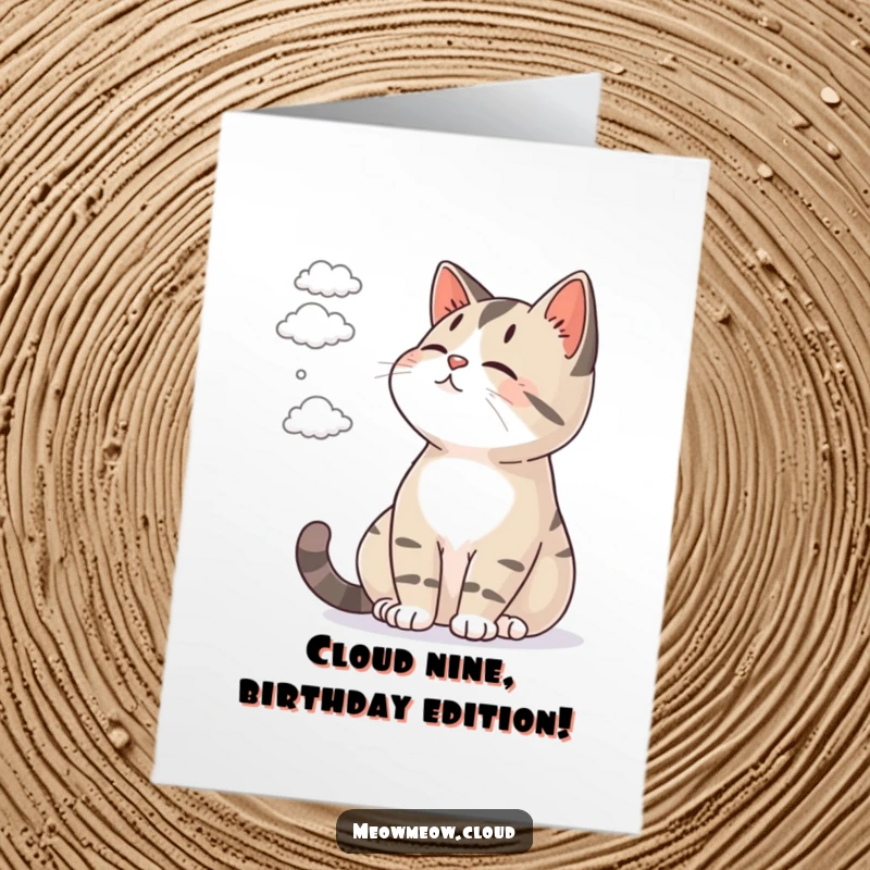 Funny Free Printable Birthday Card: A content cat lounging and peacefully watching small, fluffy clouds drift by.