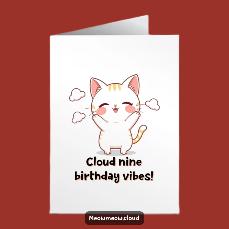Free Printable Birthday Card: Playful Cat Juggling Clouds Funny Downloadable Greeting