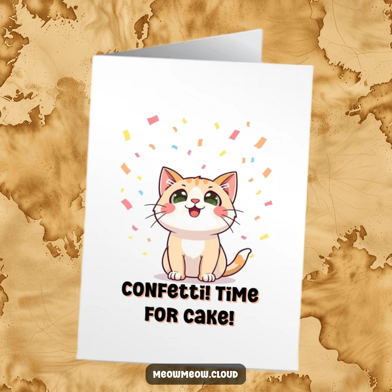 Funny Free Printable Birthday Card: Happy cat with wide eyes looking up at falling confetti, festive art