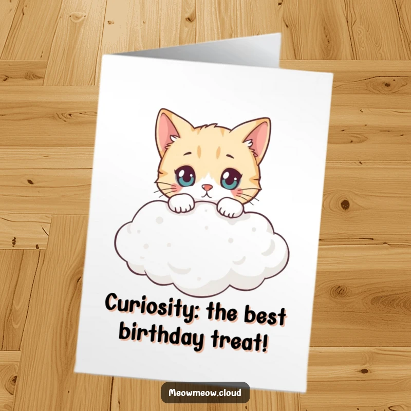 Funny Free Printable Birthday Card: A curious cat peeks over a soft cloud, exploring the birthday sky.