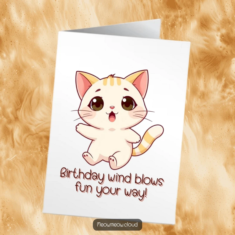 Funny Free Printable Birthday Card featuring a wide-eyed cat comically swept up by a gentle wind gust.