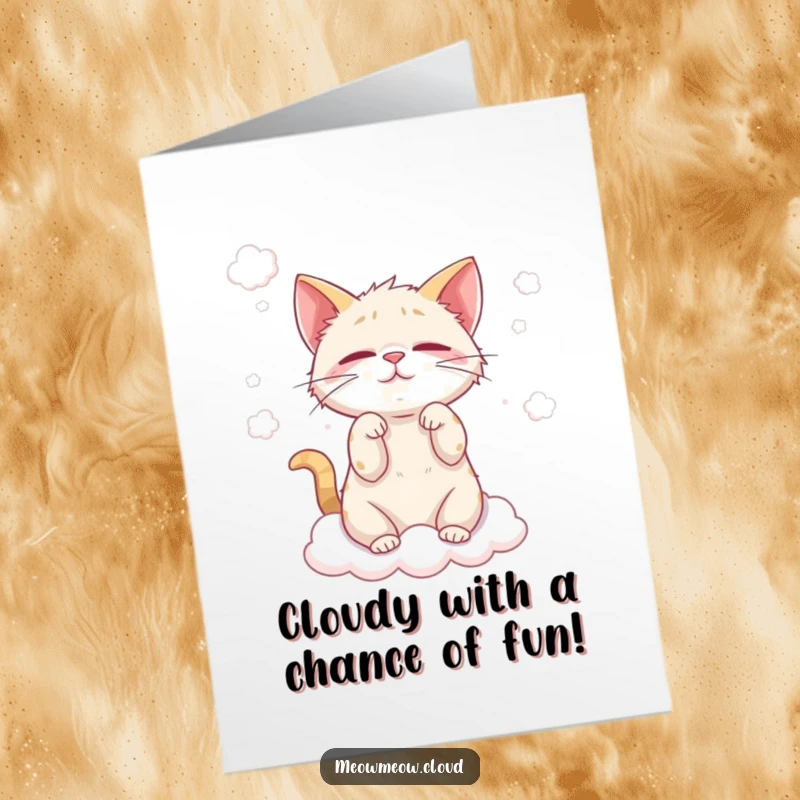 Funny Free Printable Birthday Card: Mischievous cat playfully batting at fluffy cloud wisps in the sky.