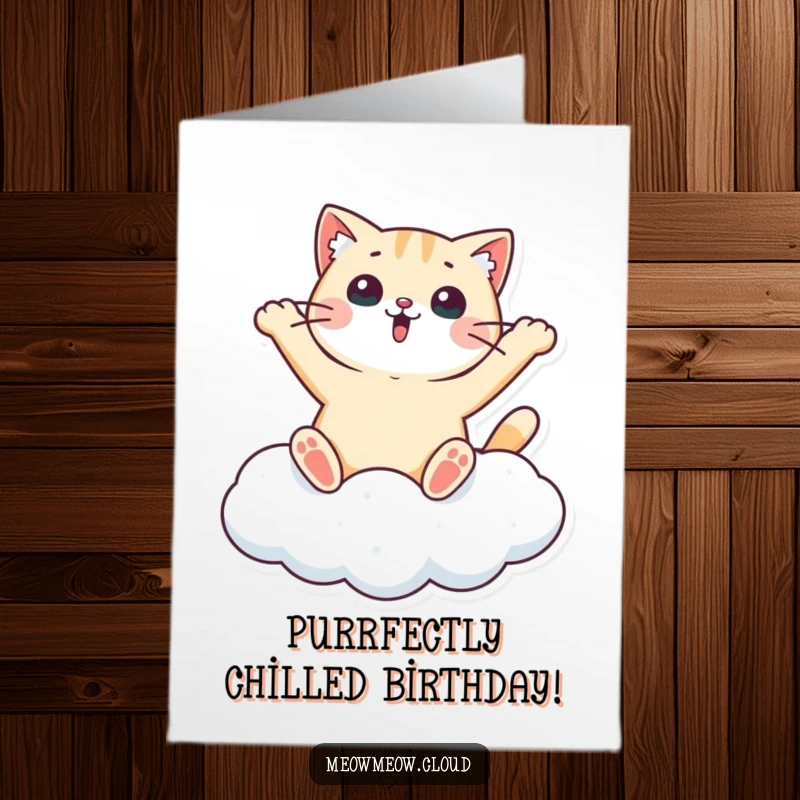 Funny free printable birthday card showing a surprised cat making a snow angel on a fluffy cloud.