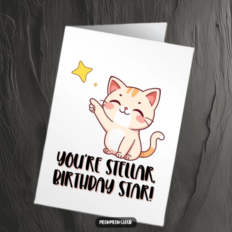 Funny Free Printable Birthday Card: A happy cat points to a distant star, full of wonder and birthday cheer.