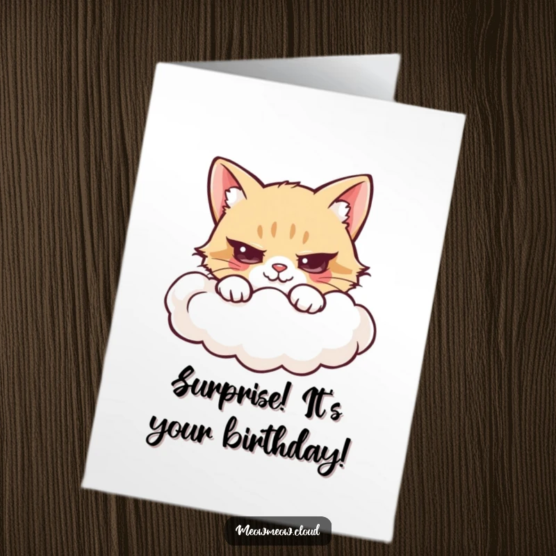 Funny Free Printable Birthday Card: Mischievous cat peeking slyly from behind the edge of a fluffy white cloud.