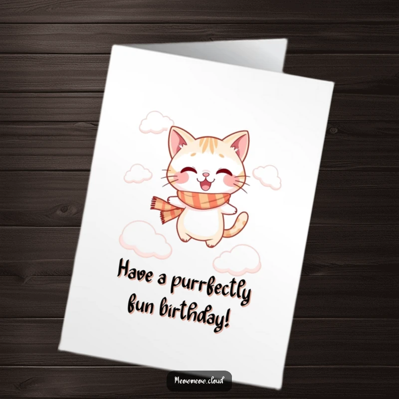 Funny Free Printable Birthday Card: Playful cat in a scarf jumps between clouds, celebrating a birthday.