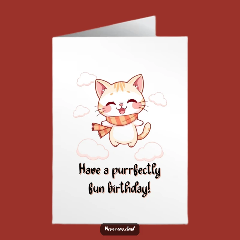 Free Printable Birthday Card: Playful Cat Leaping Through Happy Birthday Skies