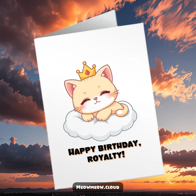 Funny Free Printable Birthday Card: Cute cat wearing a crown lounges regally on a soft cloud, celebrating.